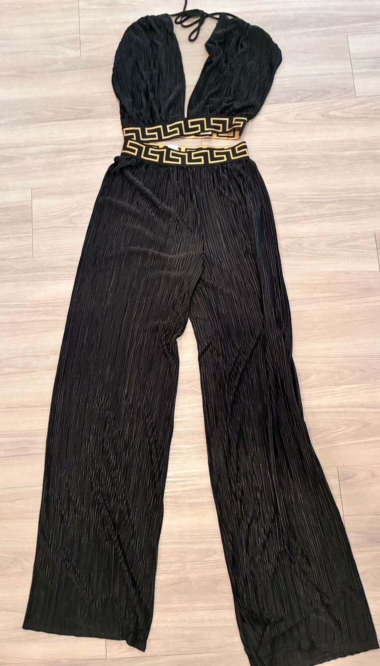 Black and Gold Greek Key Halter Crop Top and Palazzo Pants Set S